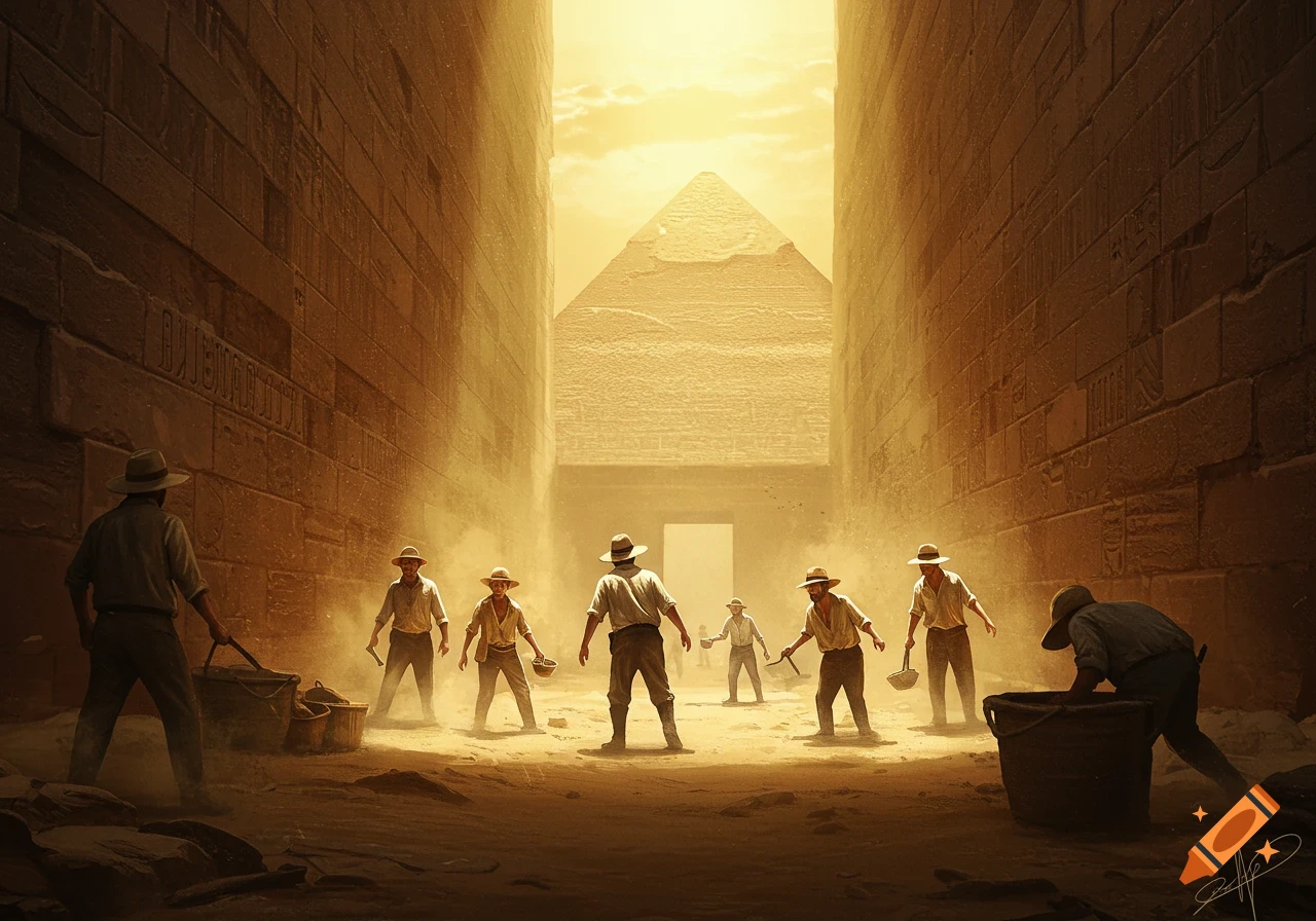 Archaeologists dig in a dusty trench near an Egyptian pyramid under bright sun