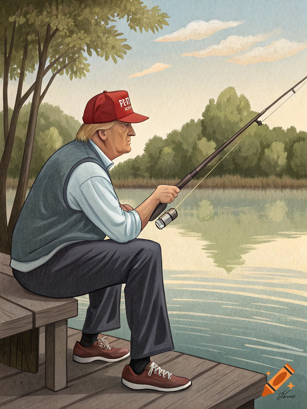 Stylized illustration of Donald Trump fishing from a dock