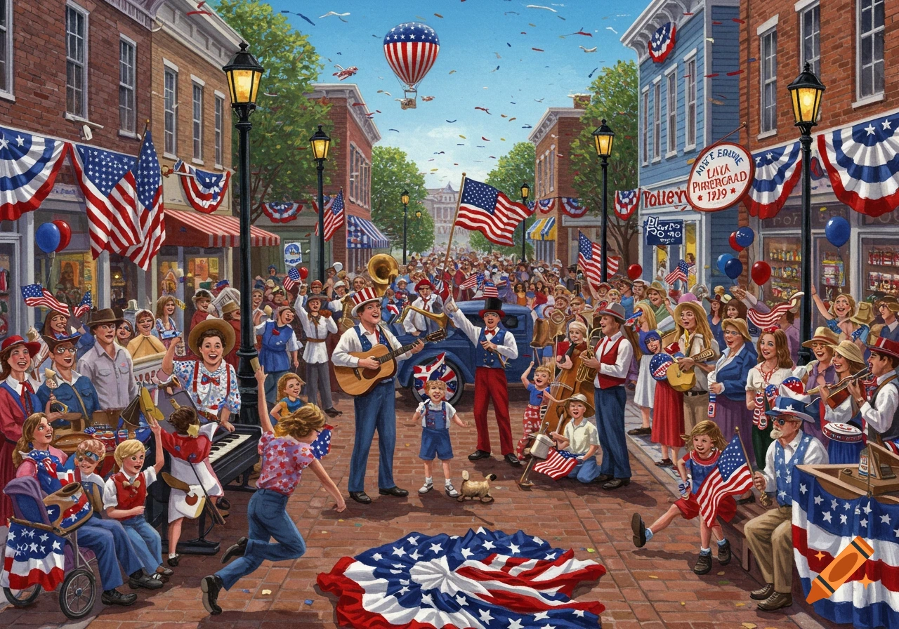 Illustration of a patriotic parade in a town street with crowds, flags, musicians, and a hot air balloon.