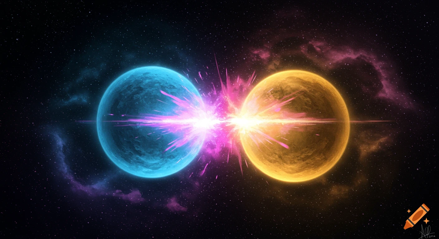 Two glowing blue and orange spheres collide in space with an explosion of light.