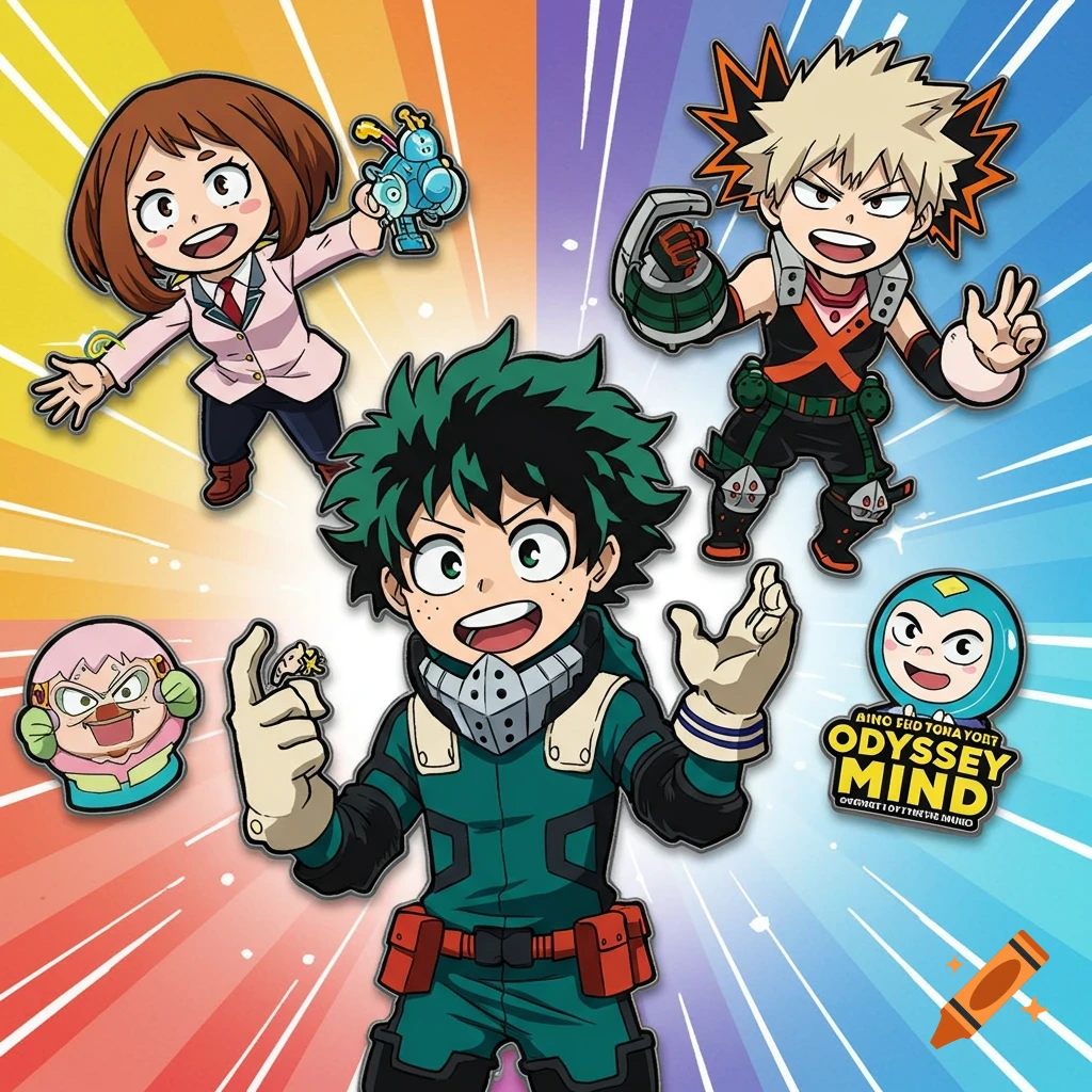 Anime sticker art of My Hero Academia characters Izuku Midoriya, Ochaco Uraraka, and Katsuki Bakugo with two smaller pins on a vibrant background.