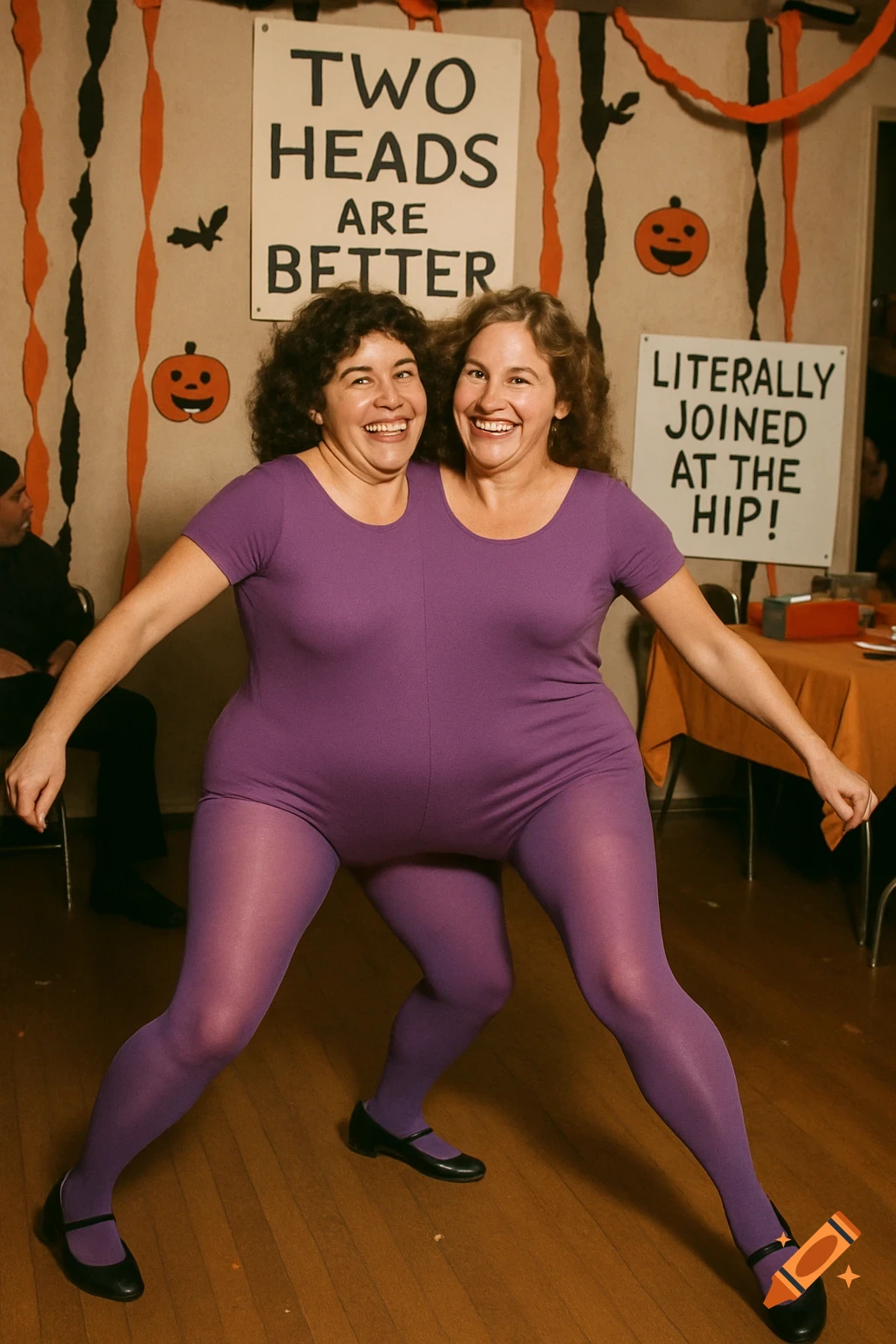 Two women in a purple conjoined costume pose at a Halloween party.