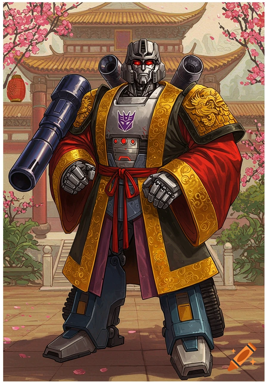 Megatron robot in elaborate Chinese robe stands in front of a temple with cherry blossoms.