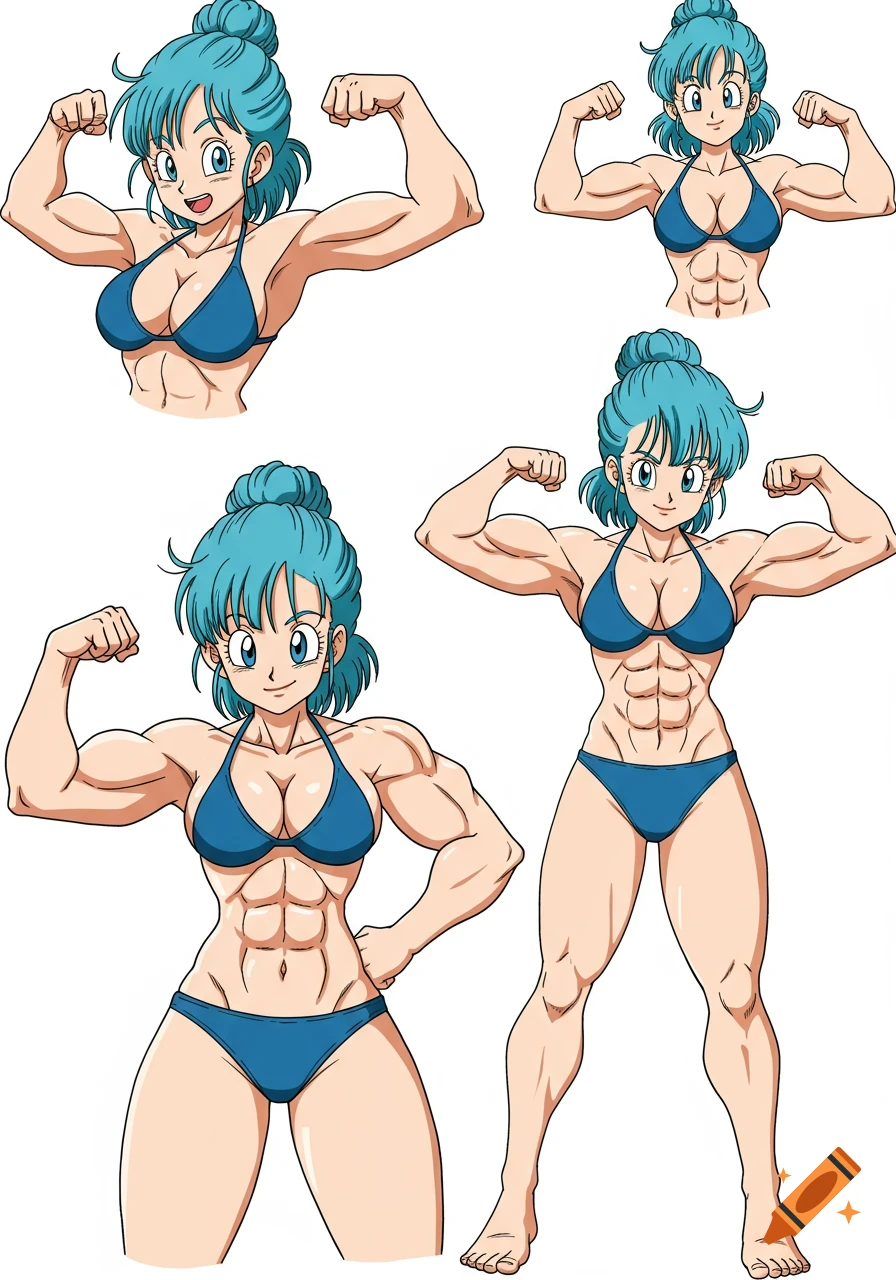 Anime model sheet of Bulma from Dragon Ball Super flexing in a blue bikini.