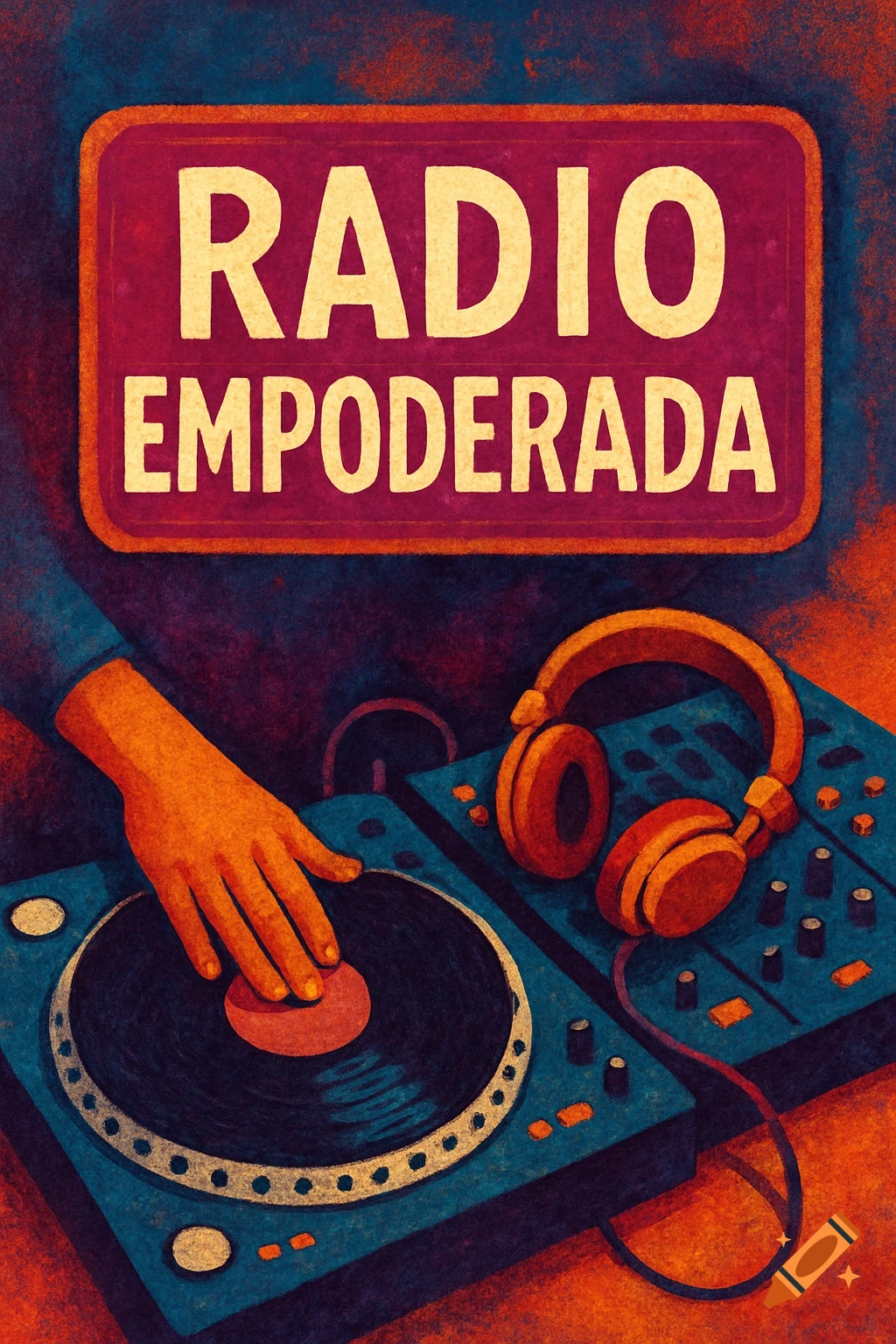 Illustration of a hand on a turntable, headphones, and a sign reading RADIO EMPODERADA above DJ equipment.