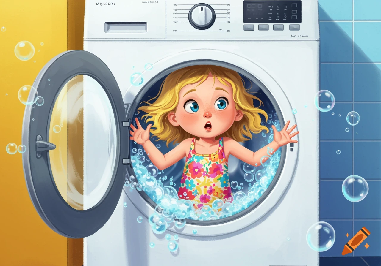 Cartoon girl looks surprised stuck inside a washing machine filled with bubbles.