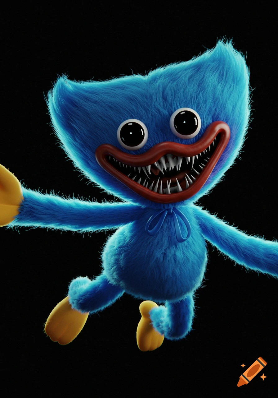 Blue furry monster with sharp teeth and big eyes on a black background ...