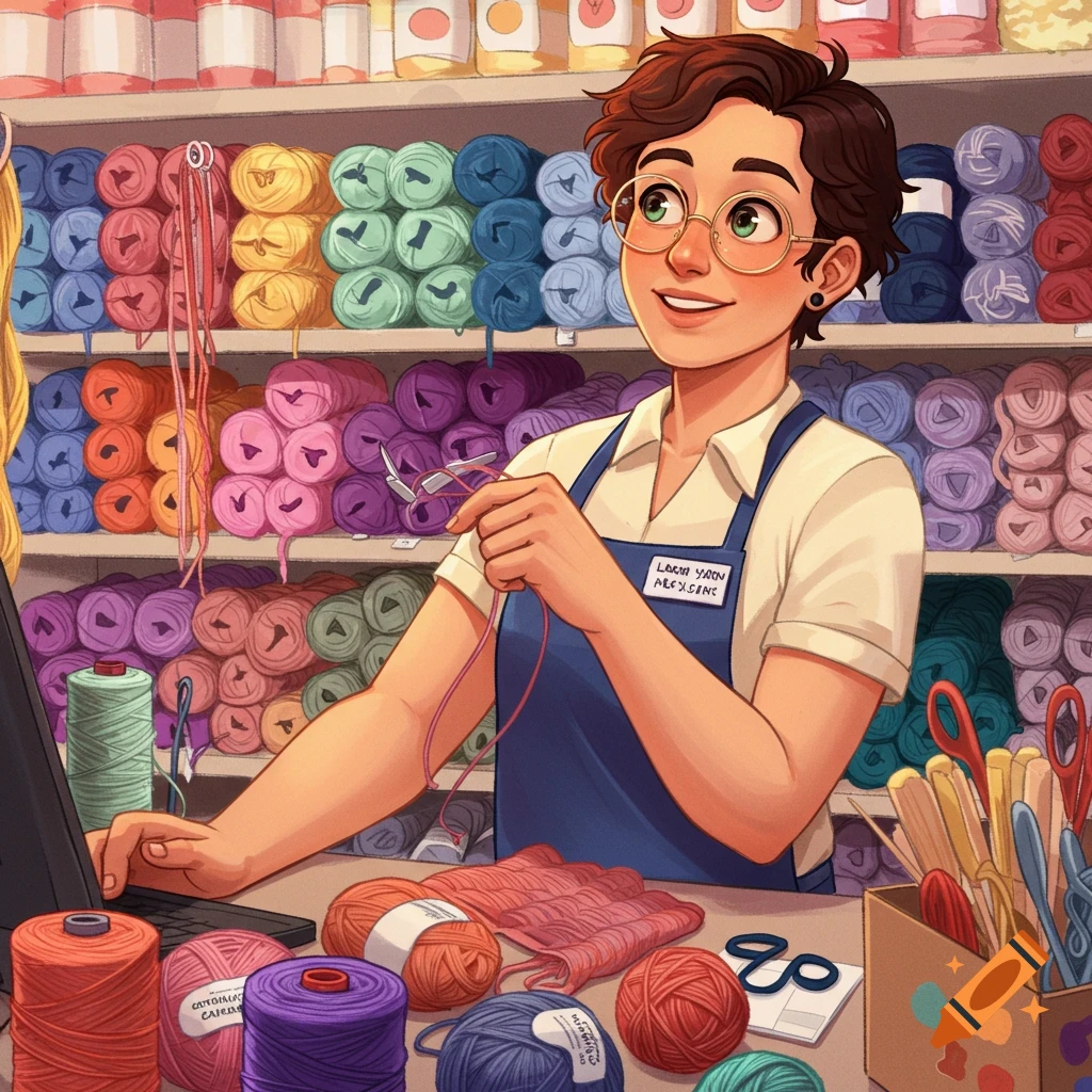 Person working at a counter in a yarn store with shelves of colorful yarn.