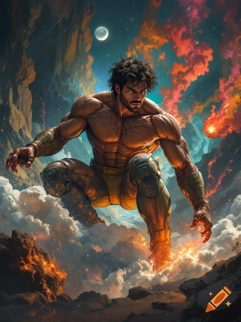 A muscular man squats dramatically in a fantasy landscape surrounded by fire, smoke, and rocks, with a moon in the dark sky.