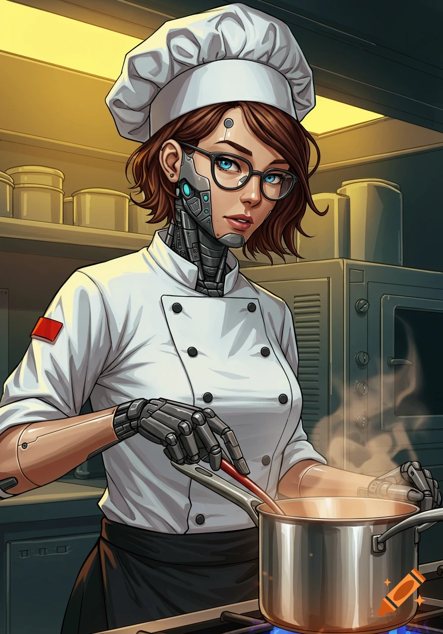 Illustrated cyborg female chef with glasses stirring a pot in a kitchen.