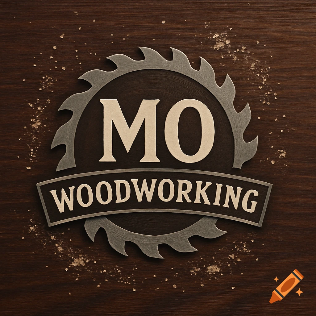 Logo for MO Woodworking with a saw blade, text, on a dark wood background with sawdust.