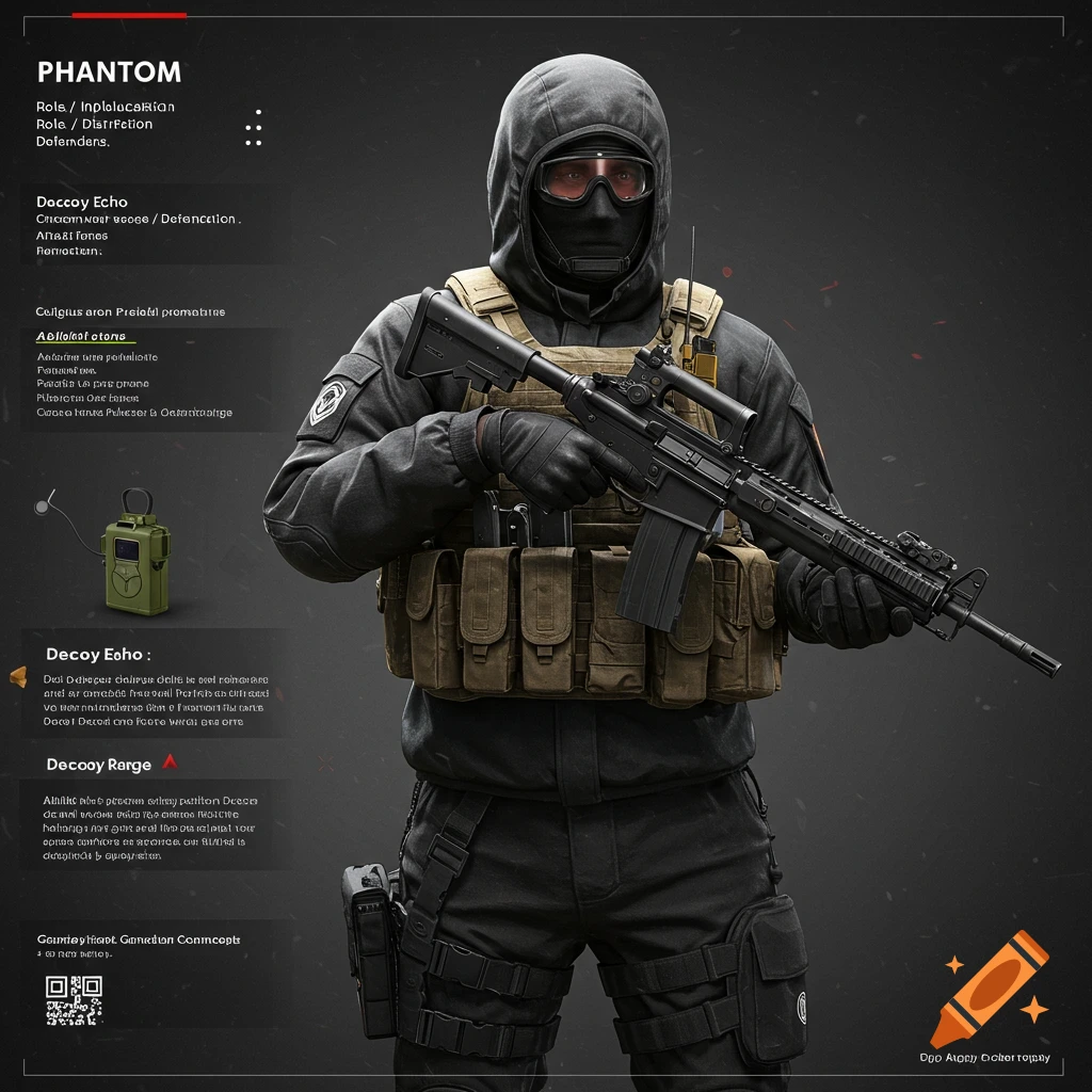 Person in tactical gear holding a rifle, concept art style.