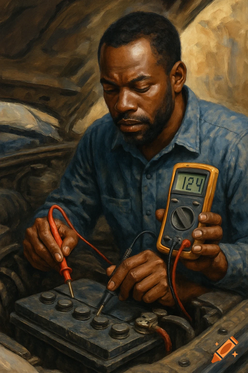 Painting of a mechanic testing a car battery with a multimeter showing 12.4.