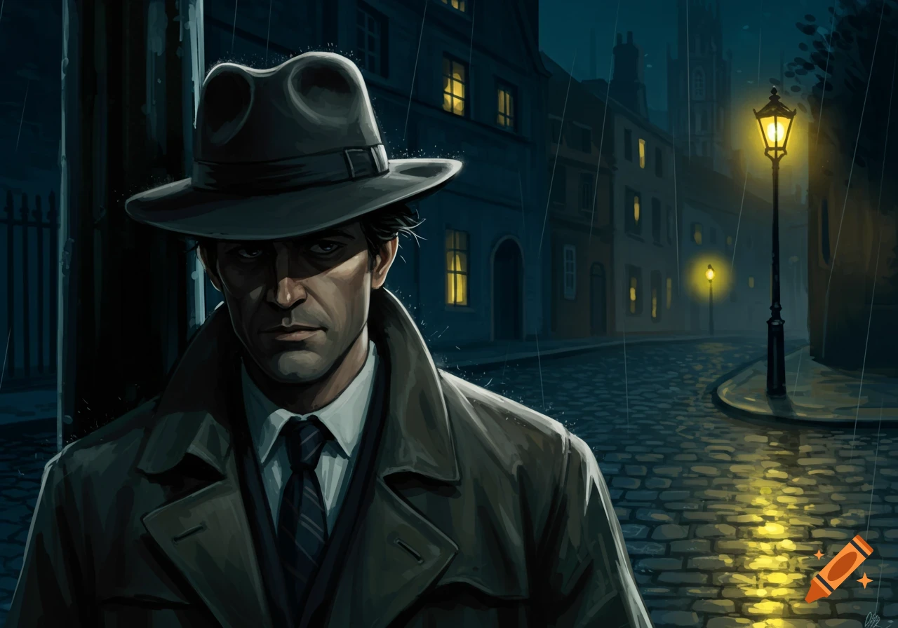 Illustration of a detective in a fedora and trench coat standing on a rainy city street at night.