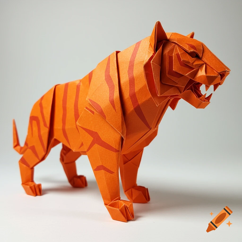 Orange origami tiger sculpture
