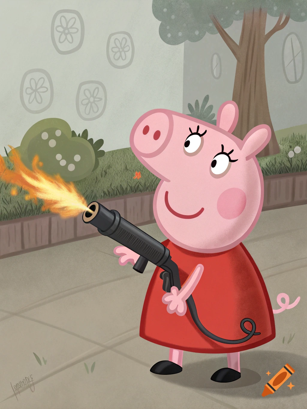 Peppa Pig cartoon character holding a flamethrower on a sidewalk.