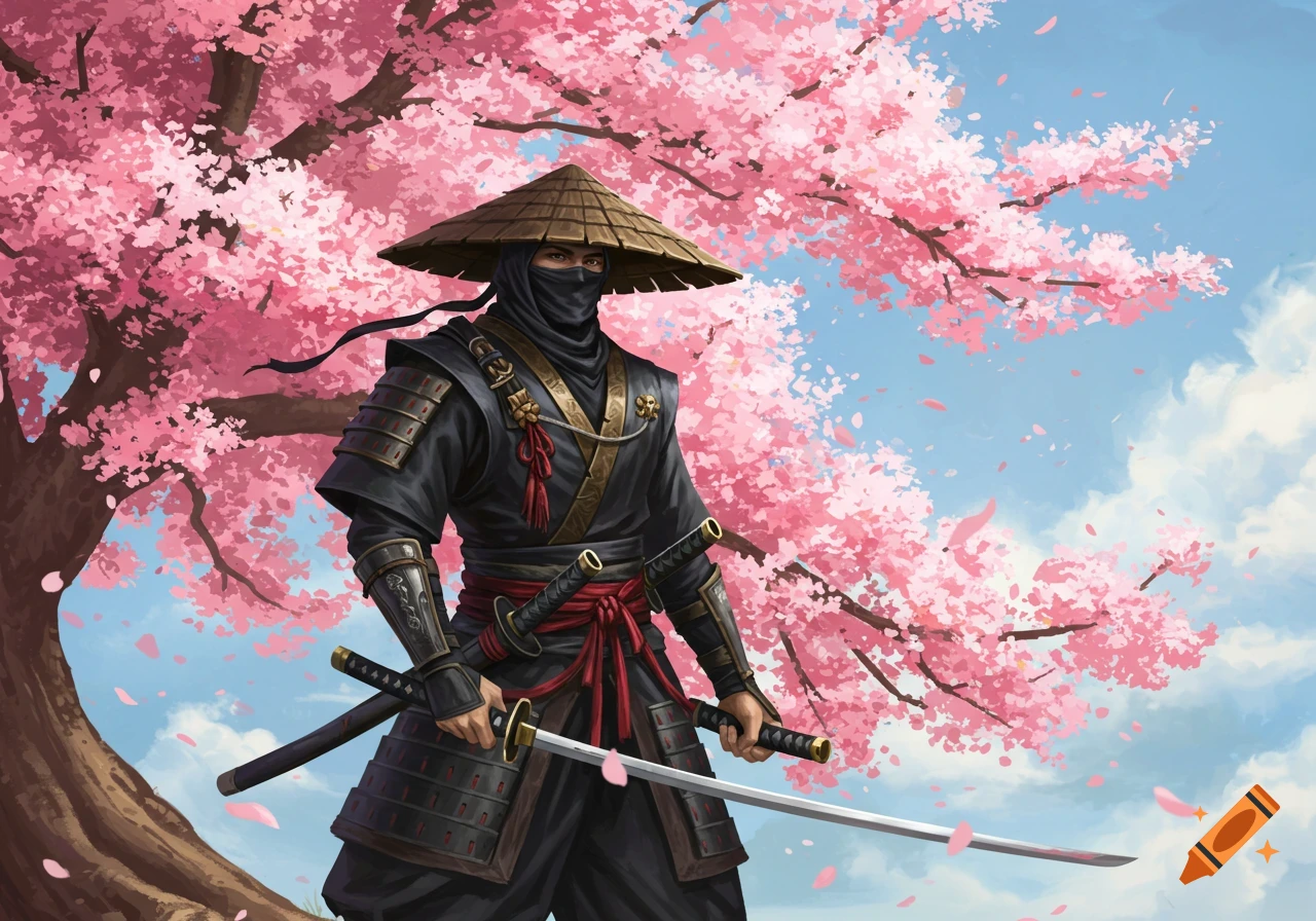 Ninja stands beneath a blooming cherry blossom tree, holding two katanas.