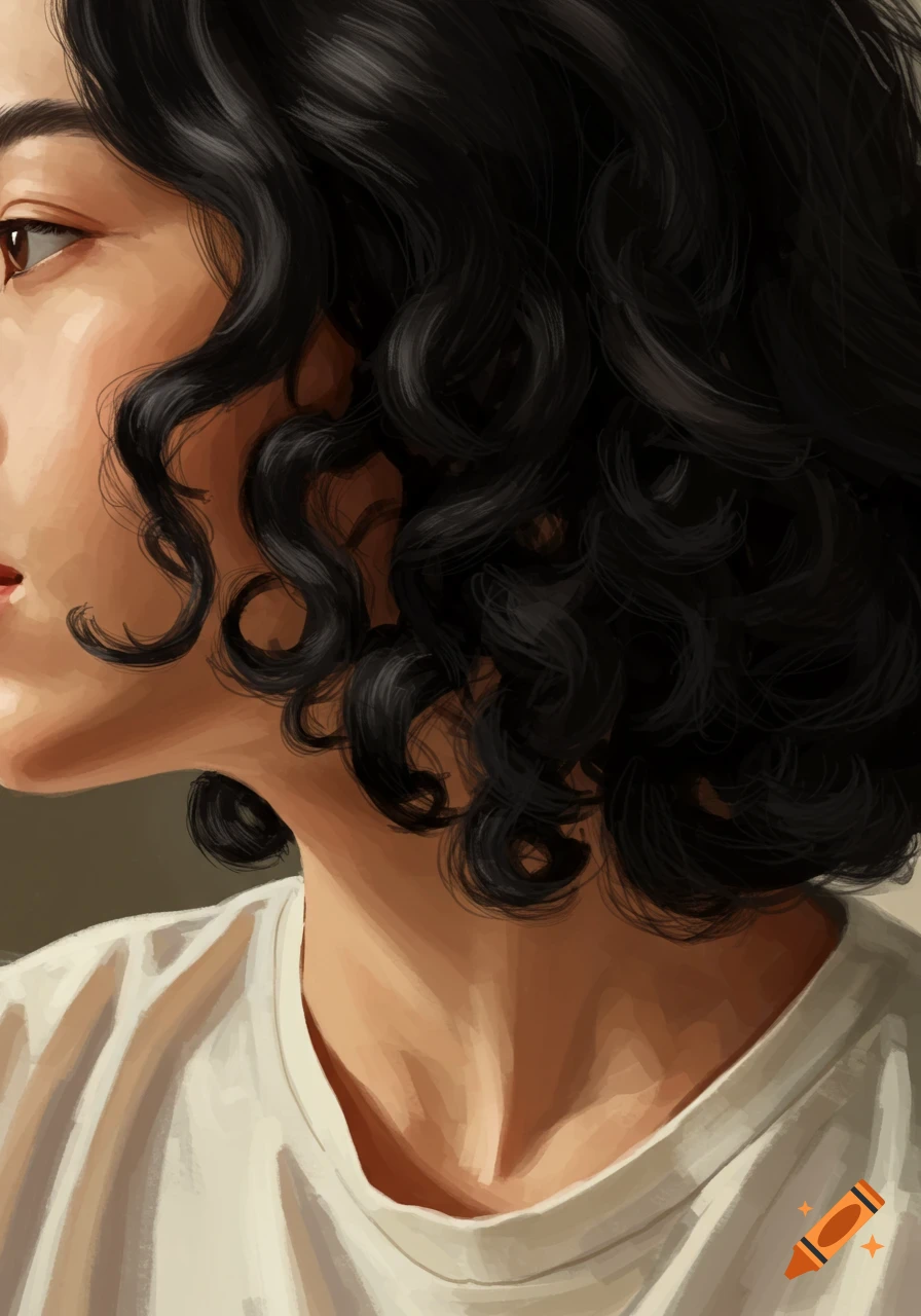 Close-up digital painting of a woman with curly black hair, seen from the side.