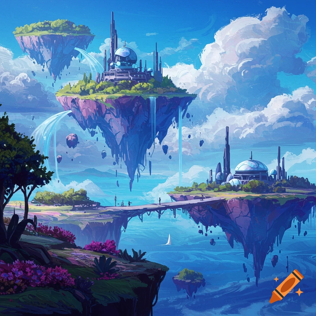 Painterly fantasy landscape with floating islands, futuristic buildings, waterfalls, and people on a bridge.