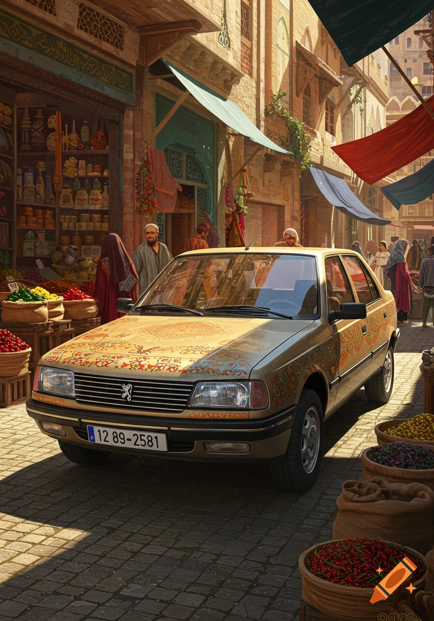 A gold car decorated with patterns is parked in a bustling market street with vendors and shoppers in a photorealistic style.