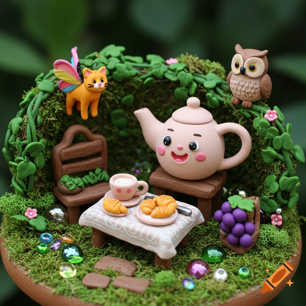 Miniature clay diorama with a cute teapot, cat, and owl having breakfast
