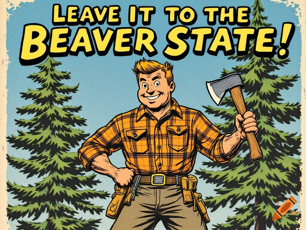Retro comic illustration of a lumberjack holding an axe in front of trees, with text above.