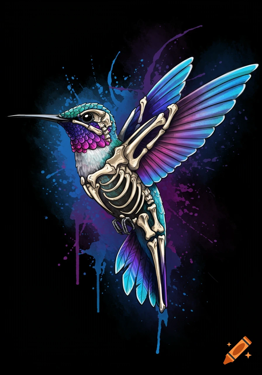 Stylized hummingbird with visible skeleton and blue/purple paint splatters on black background.