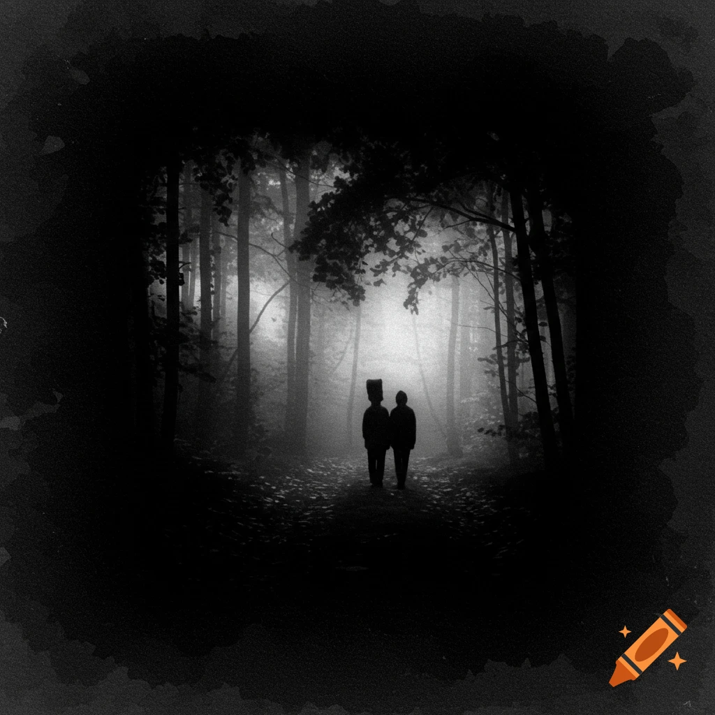 Two silhouetted figures walk down a misty forest path in a dark black and white image with a vignette.
