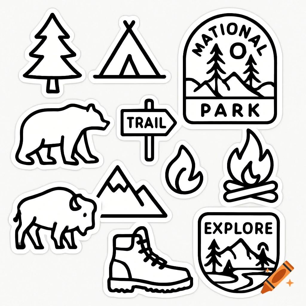Outline clip art stickers of national park icons including a tree, tent, bear, trail sign, mountain, campfire, boot, and text badges.
