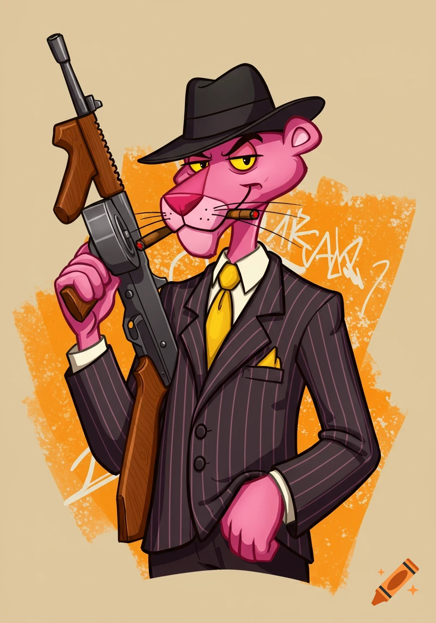 Cartoon Pink Panther dressed as a gangster in pinstripe suit and fedora, holding a tommy gun and smoking a cigar, in an edgy hand-drawn style.