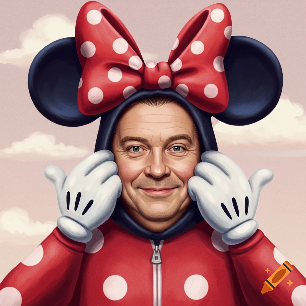 Man smiling in a red and white polka dot Minnie Mouse costume with ears, bow, and white gloves.