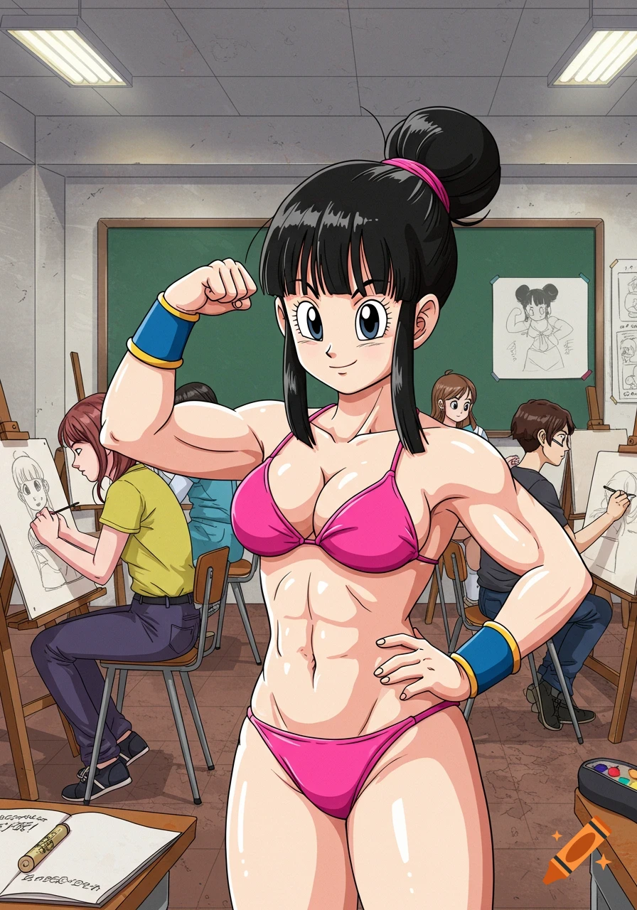Anime character Chi Chi in a pink bikini flexes her muscles while art students draw her in a classroom.