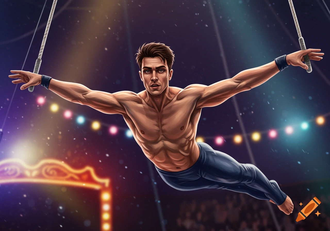 Male trapeze artist swings in the air under circus lights