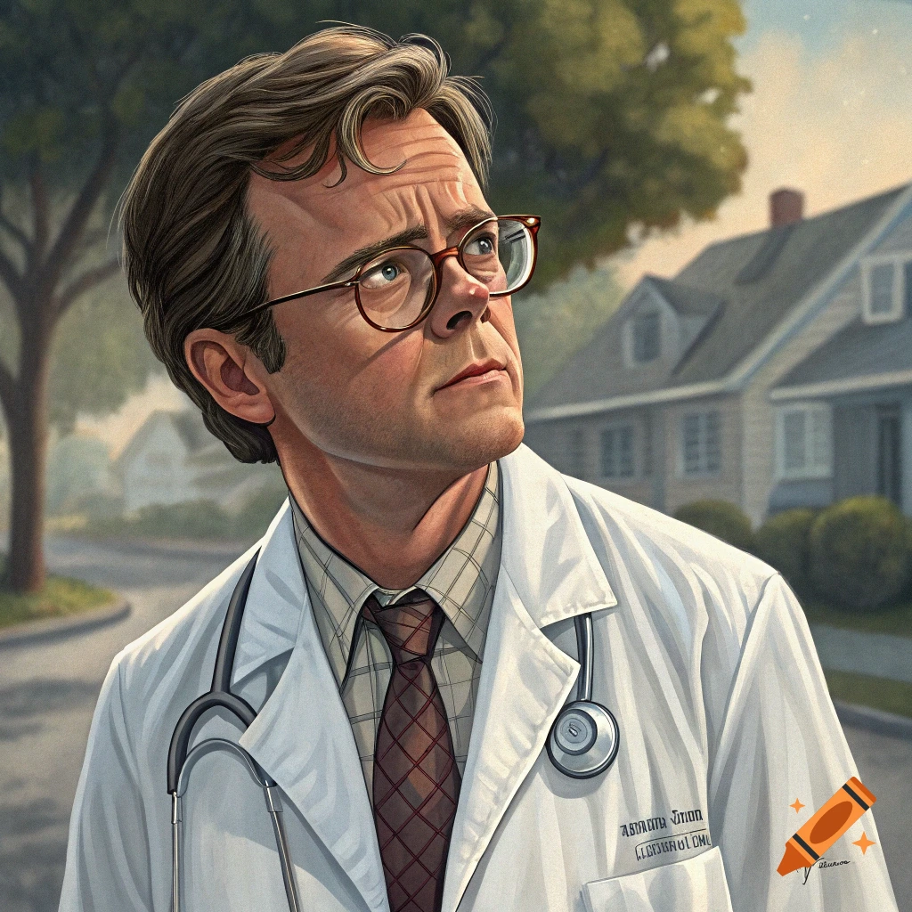 Illustration of a man in a doctor's coat and glasses looking up, with a residential street behind him.