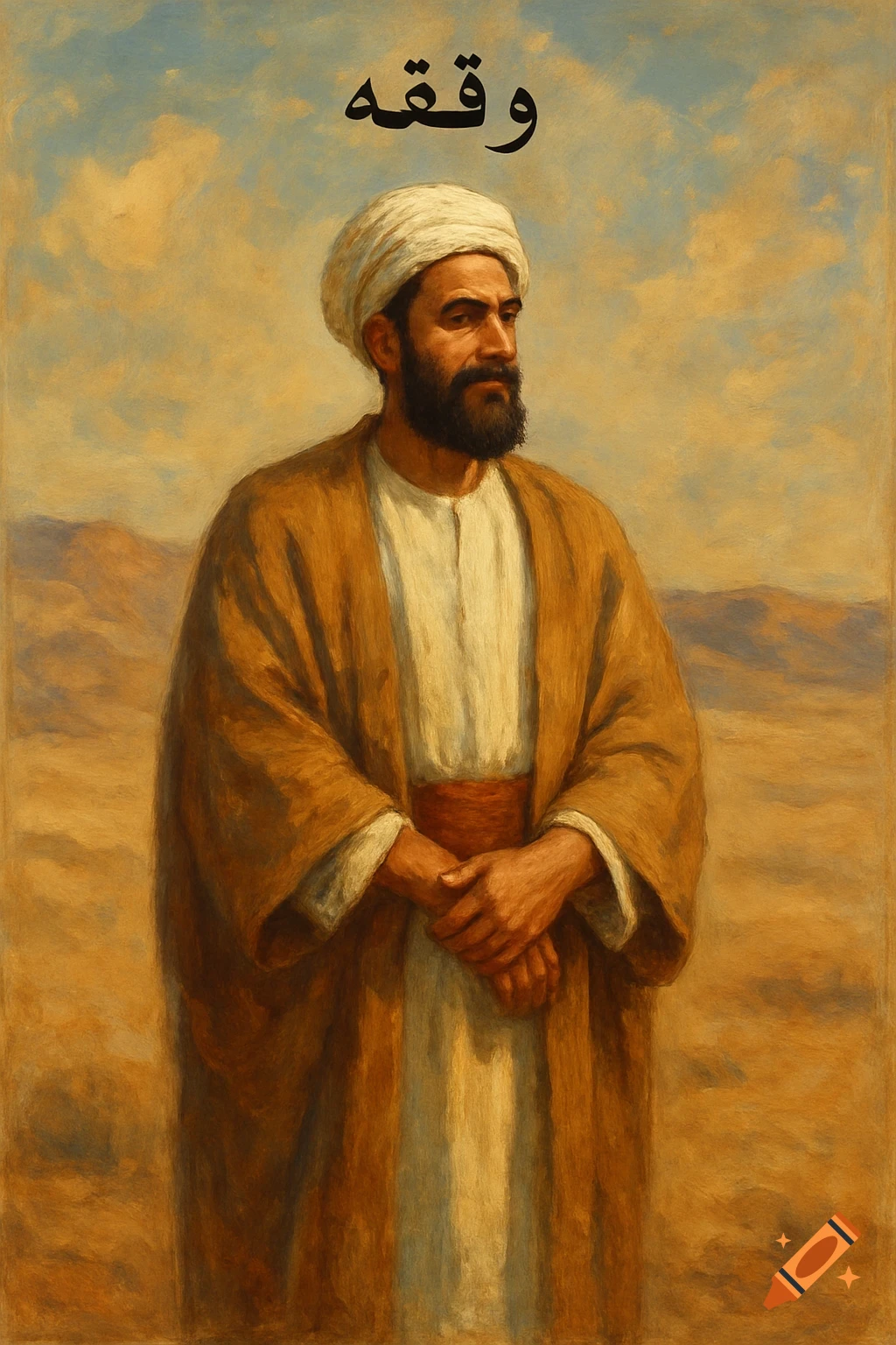 Oil painting of a man in a turban and robe standing in a desert landscape