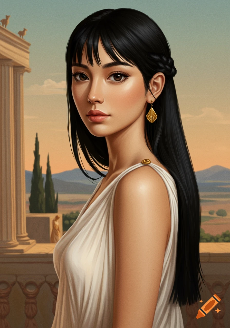 Illustrated portrait of a woman in ancient Greek attire with classical architecture