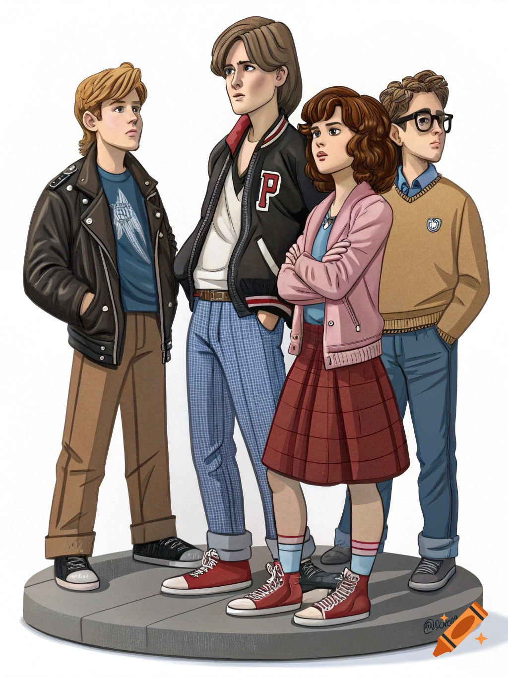 Cartoon illustration of four characters resembling the Breakfast Club standing on a base like figurines.