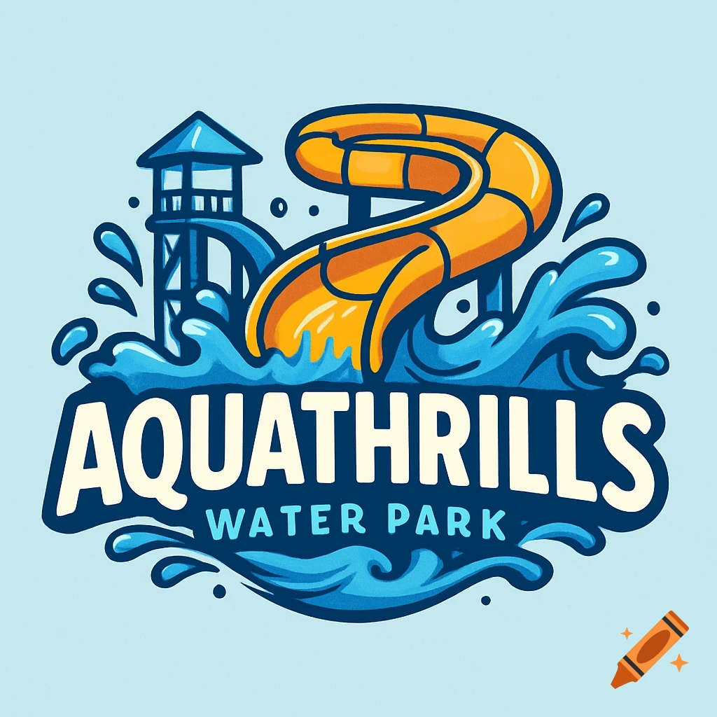 Stylized logo for Aquathrills Water Park featuring a water slide and splashes.