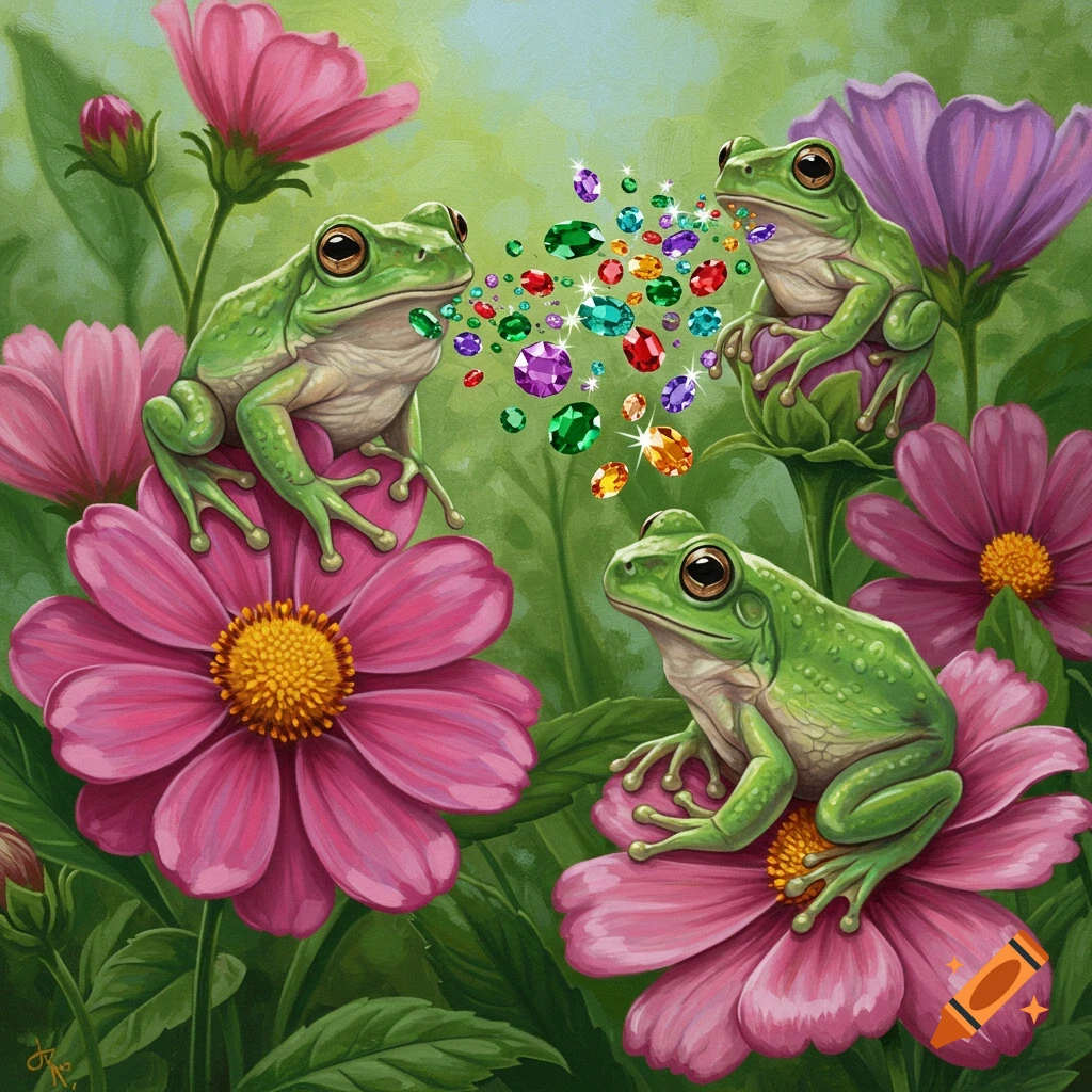 Painting of green frogs sitting on pink and purple flowers, one emitting colorful jewels.