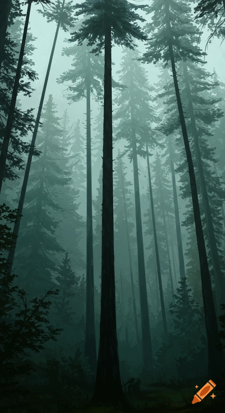 Looking up through tall, misty pine trees in a dark forest.