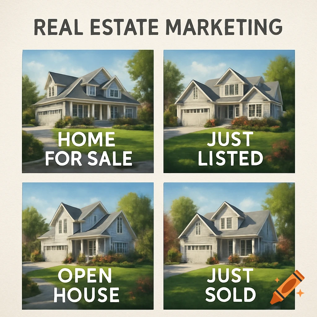 Real estate marketing layout with four images of houses labeled Home For Sale, Just Listed, Open House, and Just Sold.
