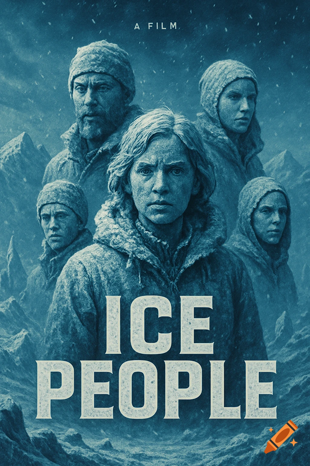 Movie poster for "ICE PEOPLE" featuring several people in winter clothing against a snowy, mountainous backdrop.