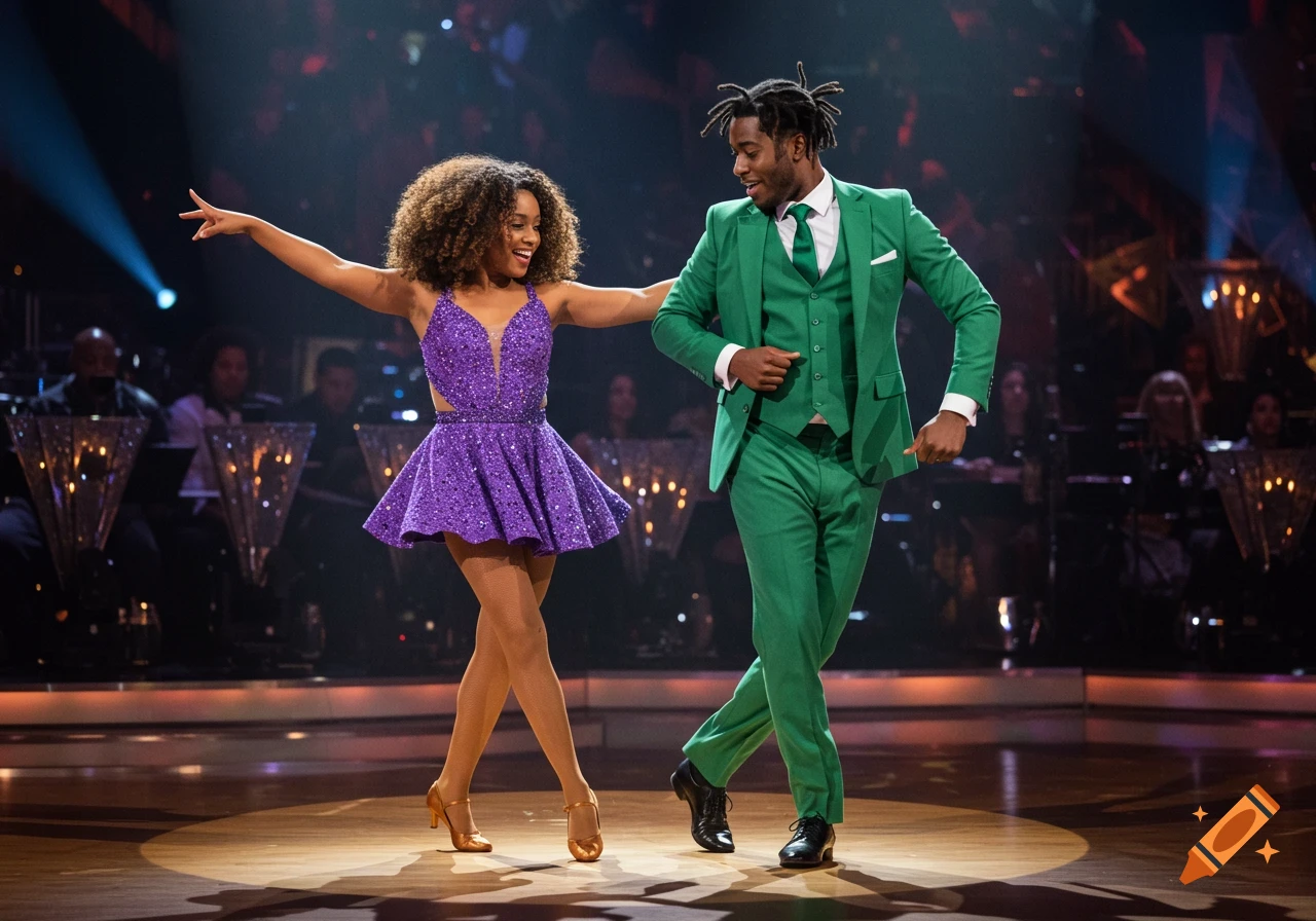 Two dancers, a woman in a purple dress and a man in a green suit, perform on a stage under spotlights.