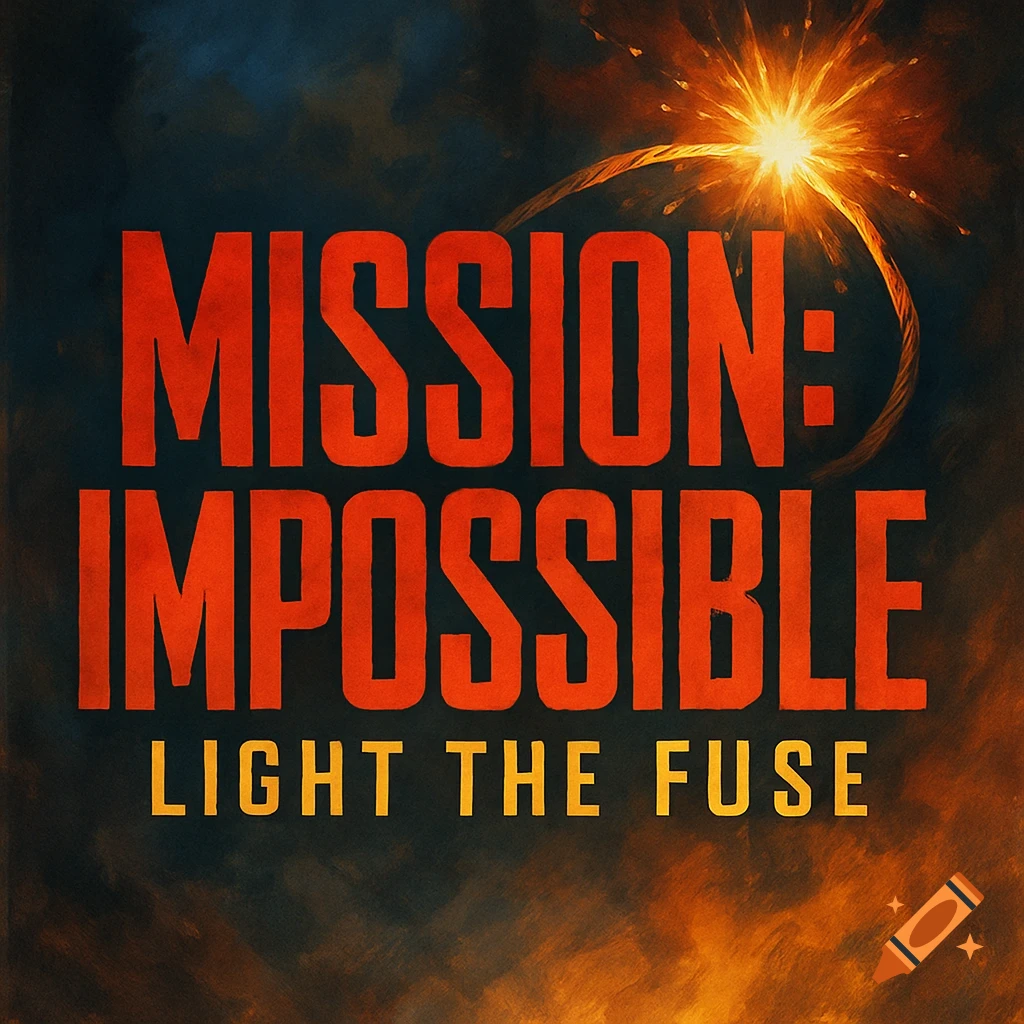 Movie poster style image with large red text 'MISSION: IMPOSSIBLE' above smaller yellow text 'LIGHT THE FUSE', with a burning fuse and sparks.