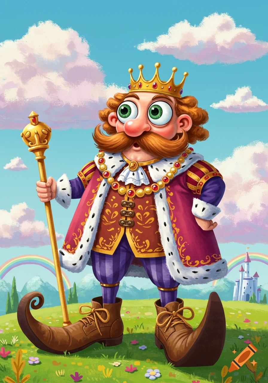 A colorful cartoon illustration of a king with big eyes and pointy shoes standing in a fantasy landscape.