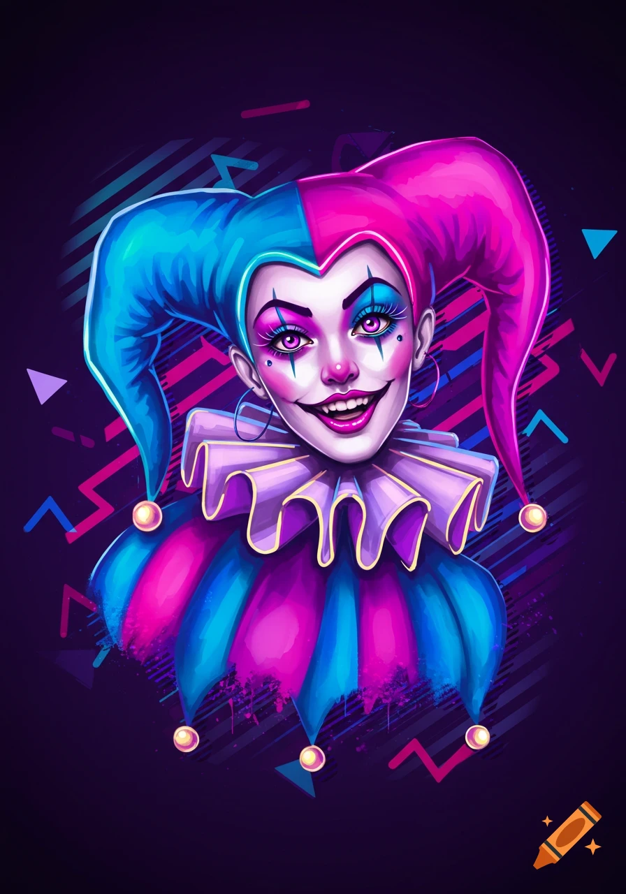 Stylized portrait of a jester in bright pink and blue with a ruff collar, against a dark background with 80s style geometric shapes.