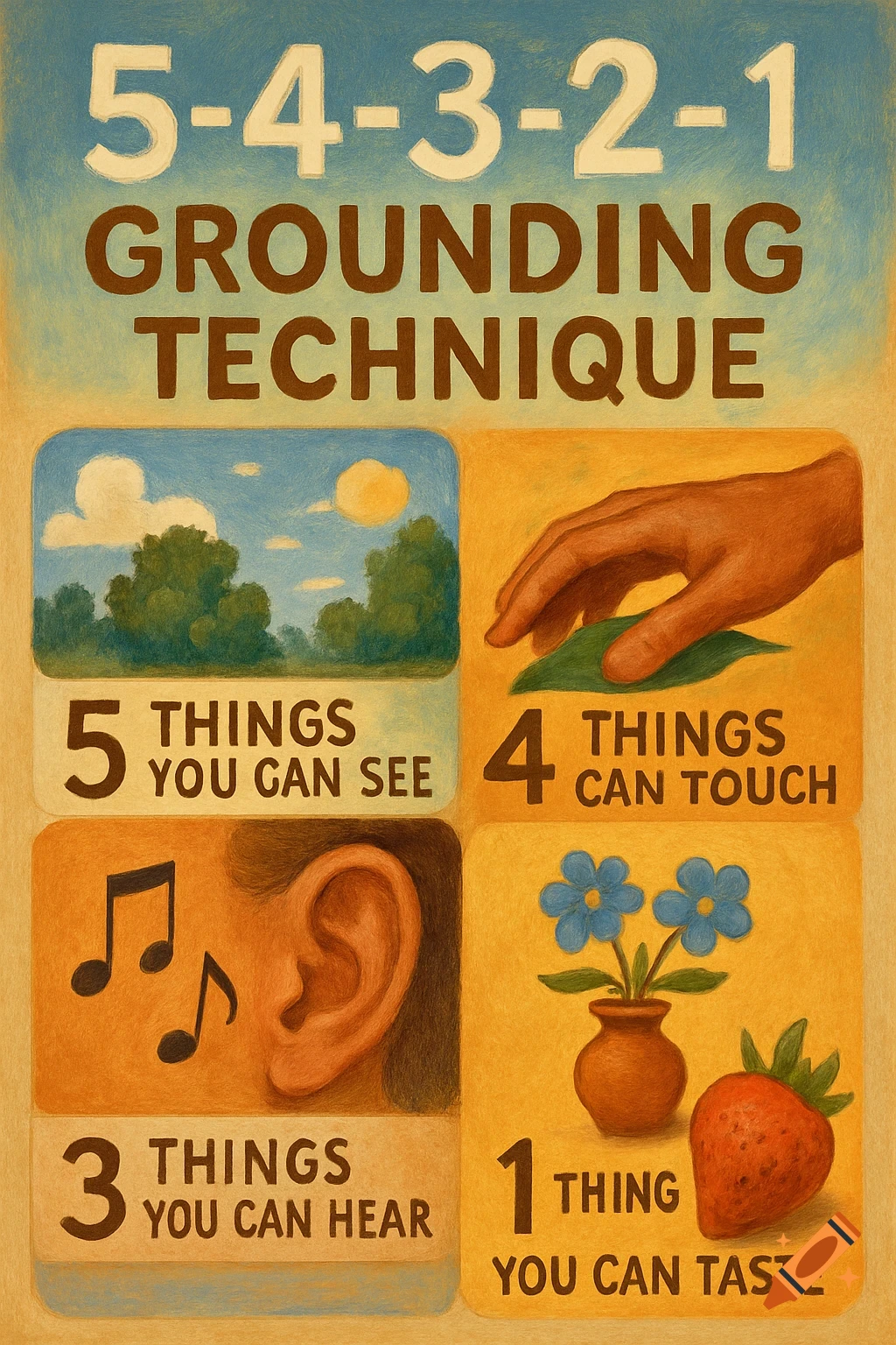 Illustration of the 5-4-3-2-1 grounding technique with text and images representing the senses.