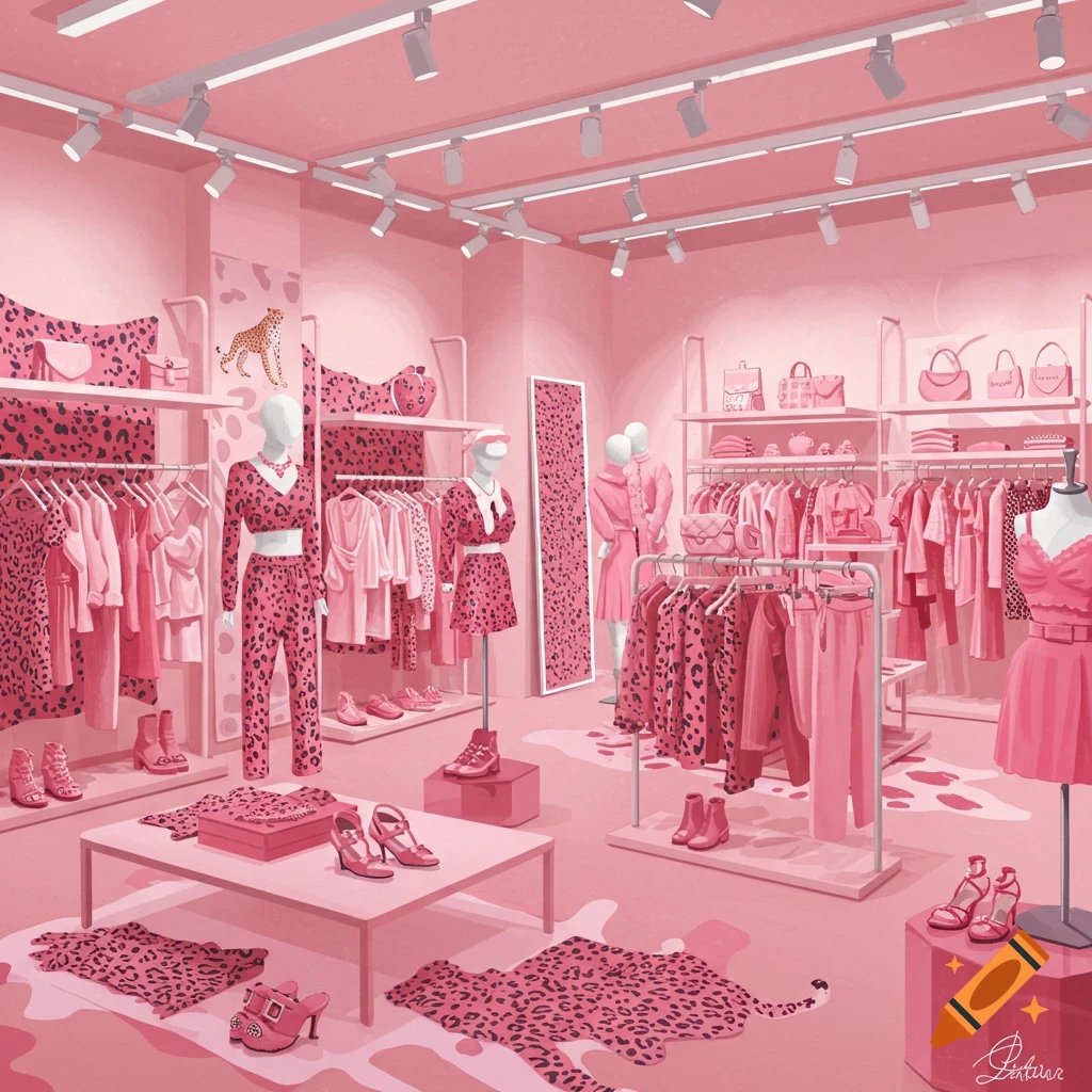 An illustration of a pink clothing store featuring cheetah print apparel and accessories.