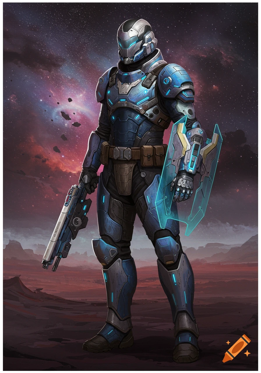 A futuristic soldier in blue and silver armor stands on a red planet surface, holding a rifle and energy shield. A colorful nebula fills the sky.