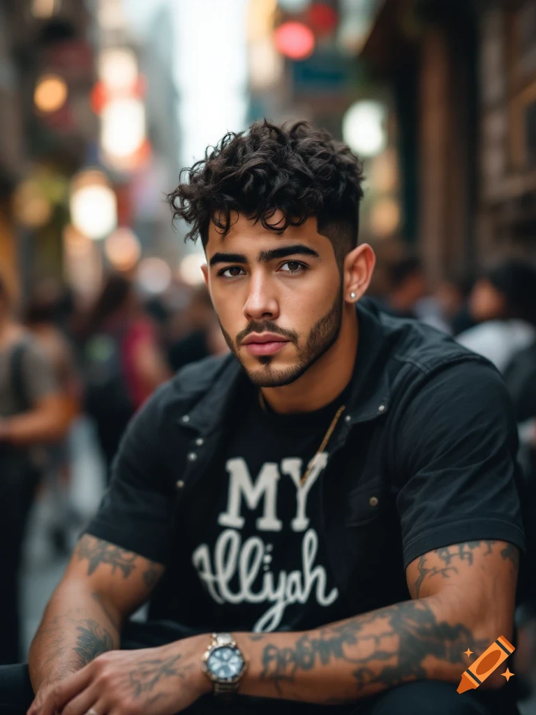 Close-up portrait of a young man with curly hair, beard, and tattoos, wearing a t-shirt, on a busy street.